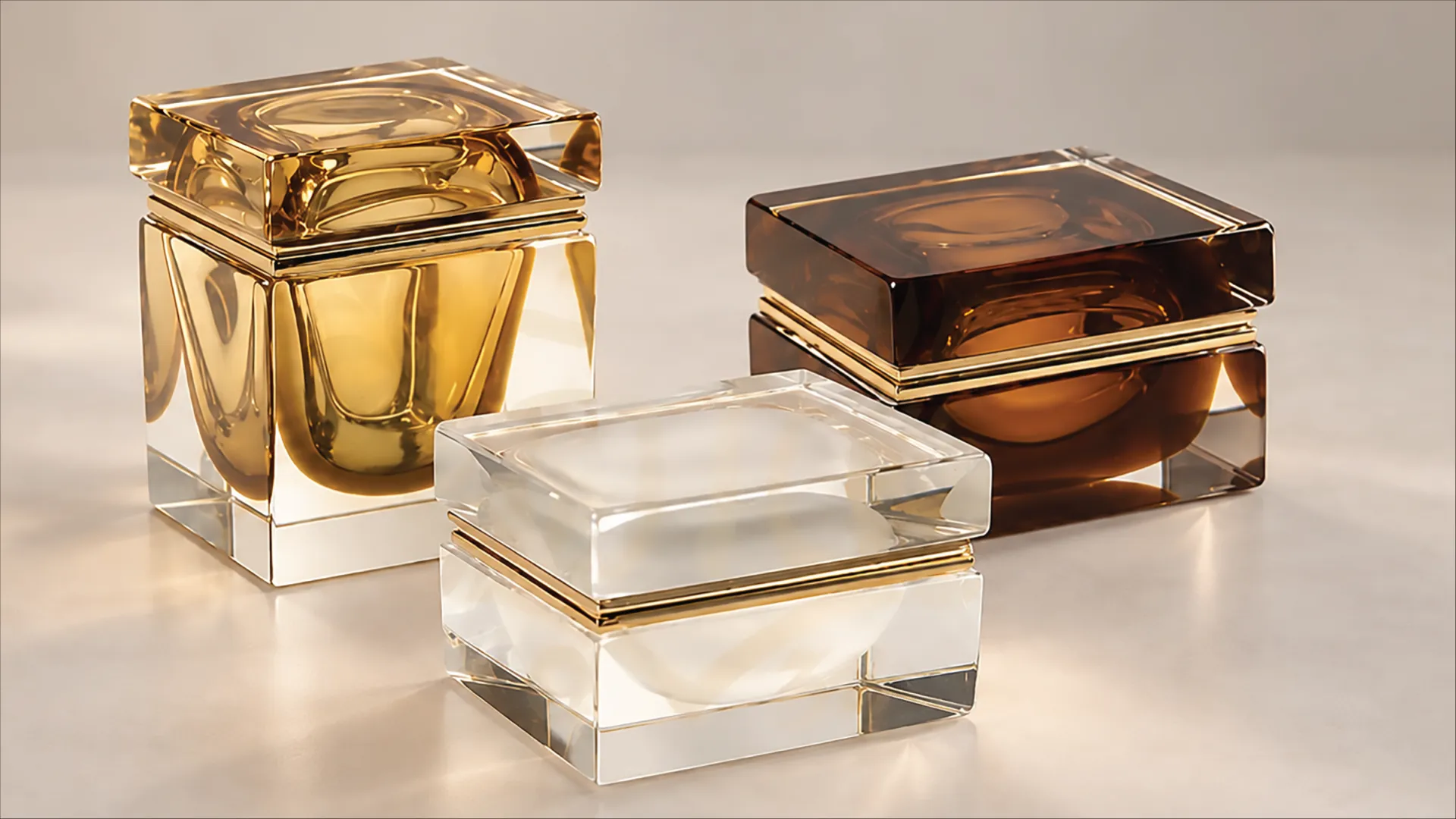 Murano glass boxes in amber, brown and clear glass